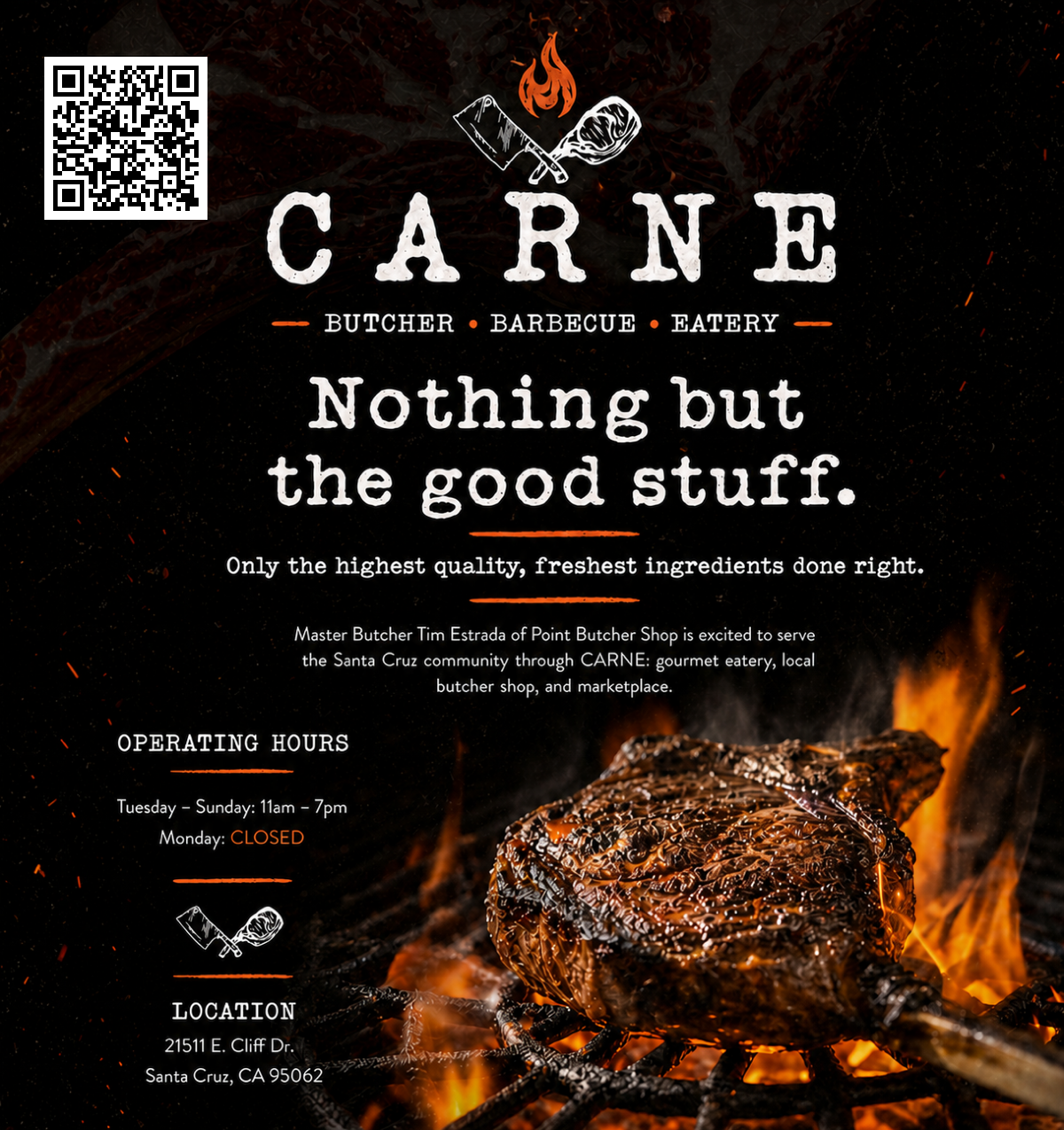 CARNE Santa Cruz full page advertisement — butcher, barbecue, eatery. Nothing but the good stuff. Operating hours Tuesday through Sunday 11am to 7pm, Monday closed. 21511 E. Cliff Dr, Santa Cruz.