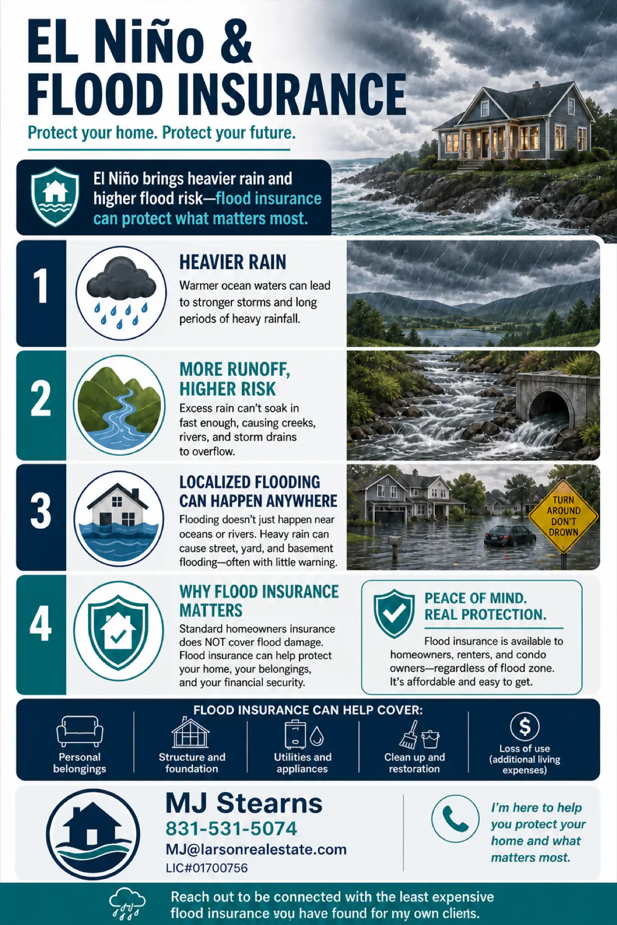 El Niño and flood insurance — heavier rain, runoff, localized flooding, coverage and contact information for MJ Stearns