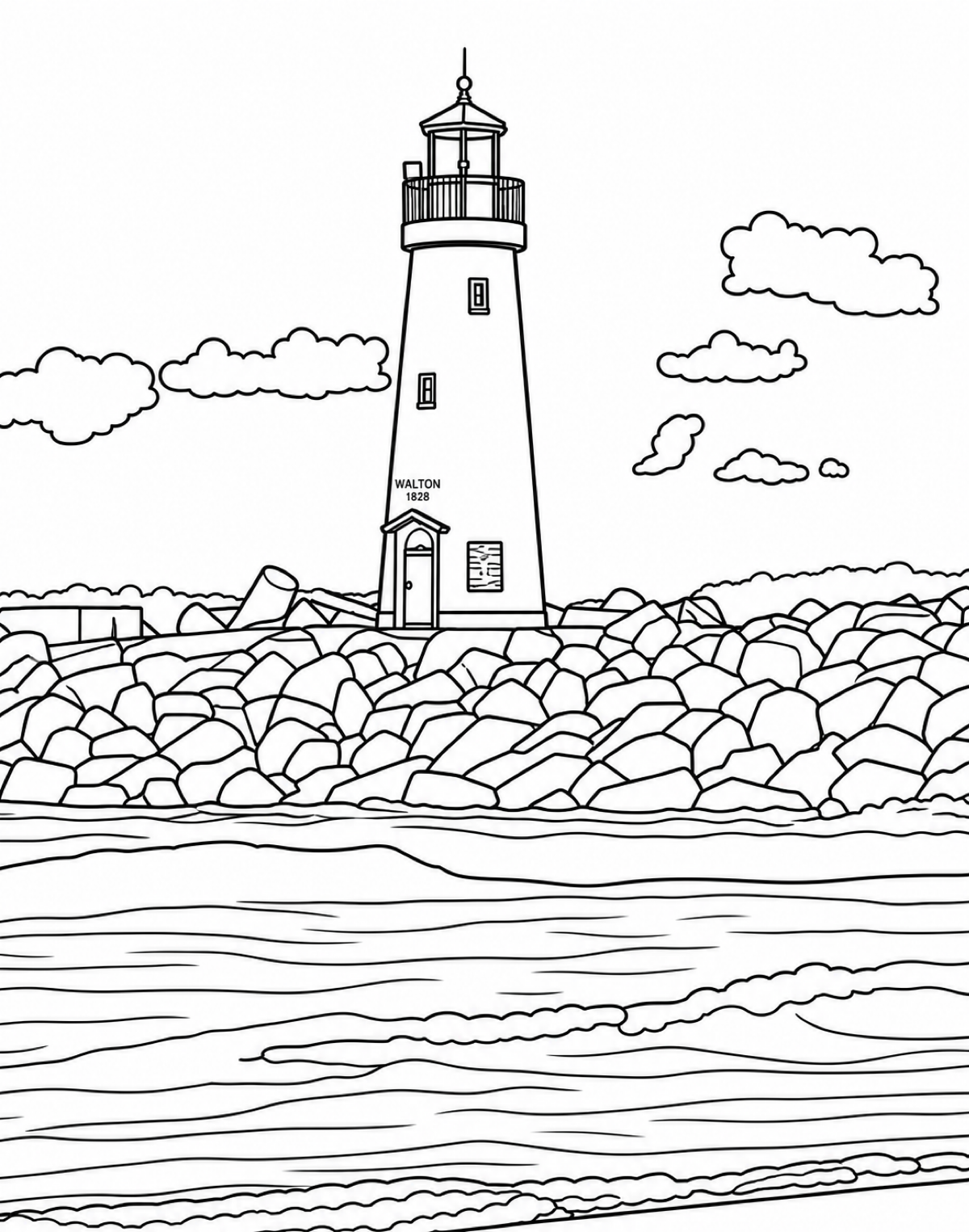 Walton Lighthouse coloring page — the Santa Cruz harbor lighthouse on its rocky breakwater with waves and clouds, ready to color