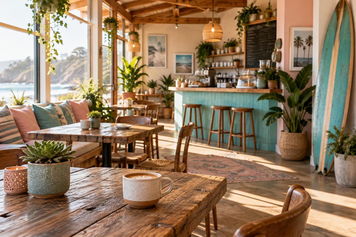 Warm coastal coffee shop interior with morning light